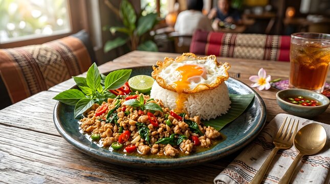 Close up shot of popular Thai dish Pad Krapow gai featuring spicy minced chicken runny egg yolk rice and iced beverage on wooden table.