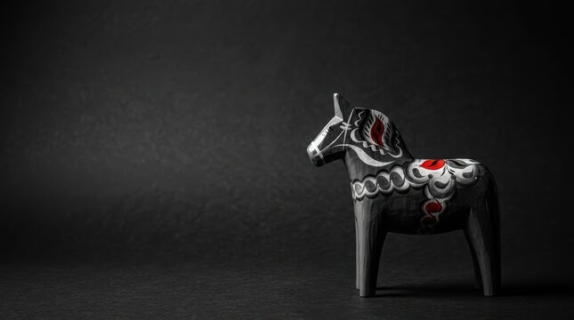 Noir photography with a single vivid accent color featuring a traditional black Swedish Dala horse on a dark textured background.