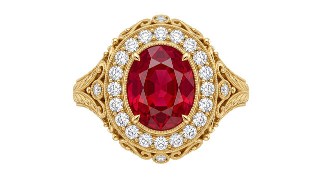 Vintage gold ruby ring with diamond halo, antique filigree engagement jewelry, luxury red gemstone wedding band isolated PNG with Transparent Background
