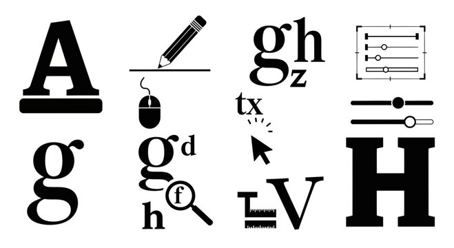 Typography and graphic design elements on white background with elements including letters symbols tools arranged various typography font styles