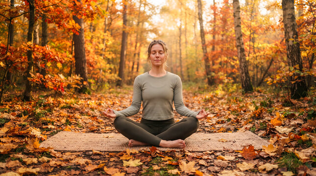 Mujer practicando yoga en un bosque oto&ntilde;al, rodeada de hojas doradas y naturaleza, concepto de mindfulness, bienestar, equilibrio y relajaci&oacute;n.