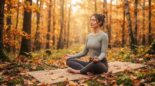 Mujer practicando yoga en un bosque oto&ntilde;al, rodeada de hojas doradas y naturaleza, concepto de mindfulness, bienestar, equilibrio y relajaci&oacute;n.
