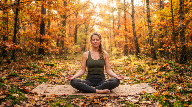 Mujer practicando yoga en un bosque oto&ntilde;al, rodeada de hojas doradas y naturaleza, concepto de mindfulness, bienestar, equilibrio y relajaci&oacute;n.