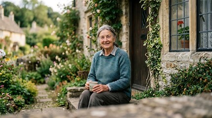 Obraz premium Happy senior woman sitting outside her rustic stone cottage