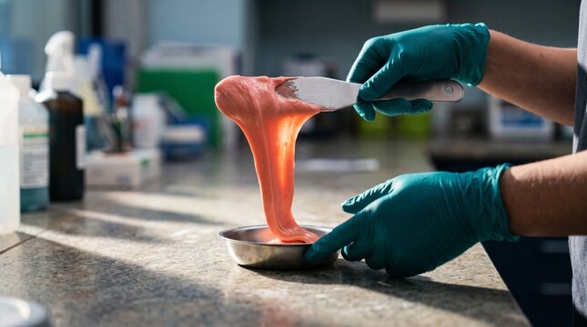 Clinician lifts blended dental impression material with spatula
