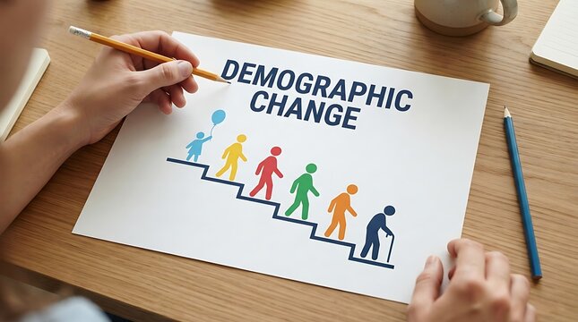 Person drawing demographic change concept with people icons walking on steps