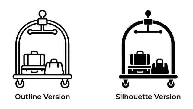 Luggage Cart Icons: A set of two vector icons representing a luggage cart, one in outline style and the other as a silhouette, each carrying several pieces of luggage.
