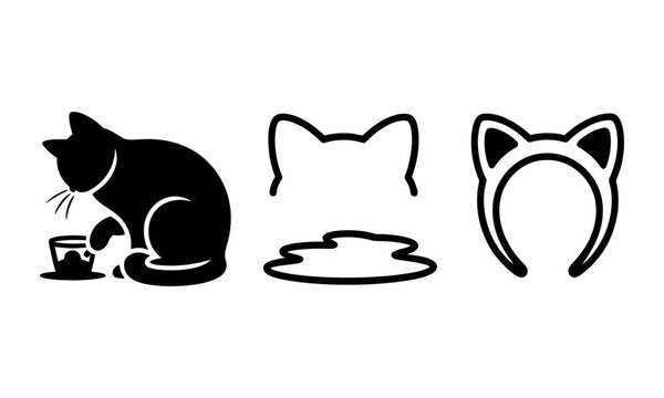 Black cat silhouette knocking over a glass, melting feline outline, and cat ears headband