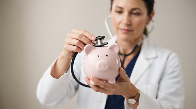 Female doctor using a stethoscope to examine a pink piggy bank for health