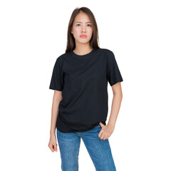 Obraz premium Young woman wearing a plain black t-shirt and blue jeans, standing against a white background