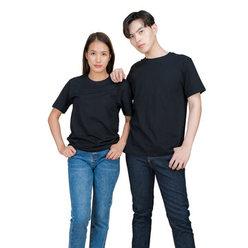 Young Asian couple wearing plain black t-shirts and denim jeans