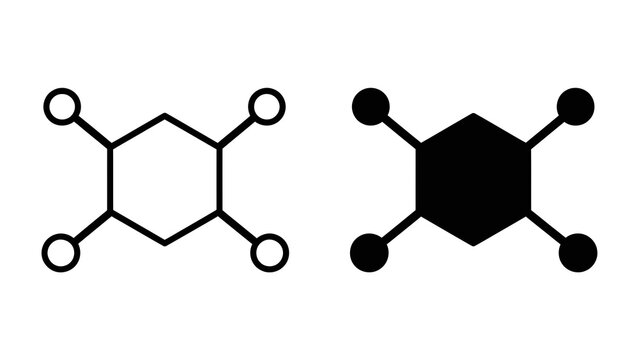 Chemical Bond Icon: Two representations of a molecular structure, one outlined and one solid black, illustrating chemical bonding and molecular arrangement for scientific and educational purposes.