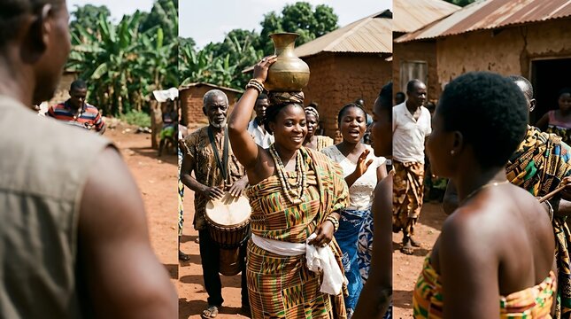 Woman in kente cloth balances pot during village ceremony