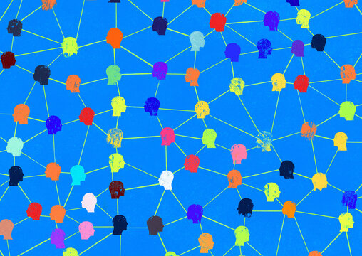 Colorful Network of Heads on Blue Background