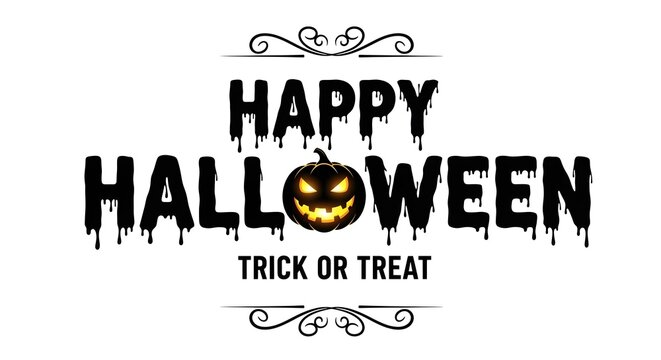 Happy halloween trick or treat text with a glowing jackolantern and black melting letters