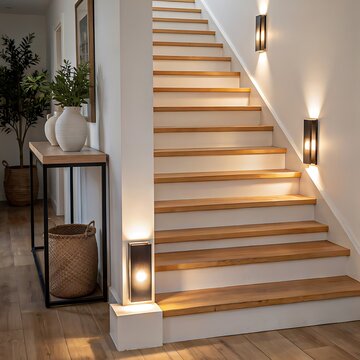 Contemporary stairwell design with wooden treads and elegant wall lights, staircase