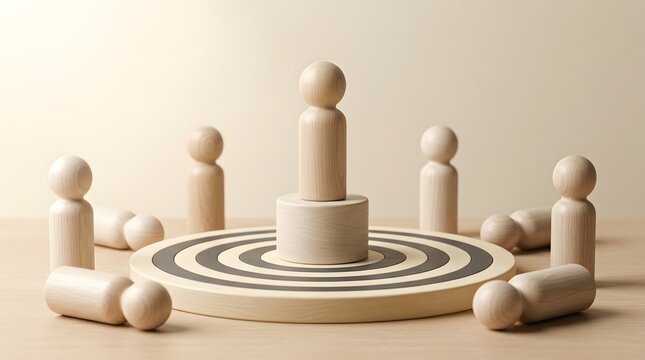 Wooden figures on target board representing leadership and competition