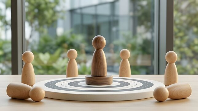 Wooden figures on target board with leader in center
