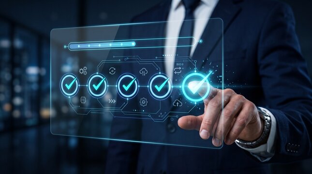 A business professional interacting with a digital interface showing a series of check marks representing quality assurance and task completion