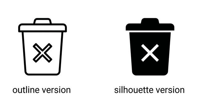 Two Trash Can Icons: A pair of stylized trash can icons, one presented as an outline and the other as a silhouette, both featuring a prominent 'X' symbol to denote deletion or removal.