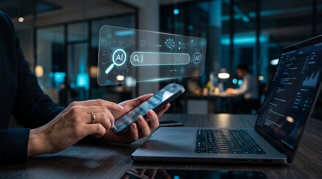 A person using a smartphone to access a digital search interface with holographic icons in a modern dark office environment