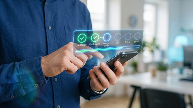 A professional man using a smartphone to interact with a futuristic digital interface displaying complex data analytics and network graphs
