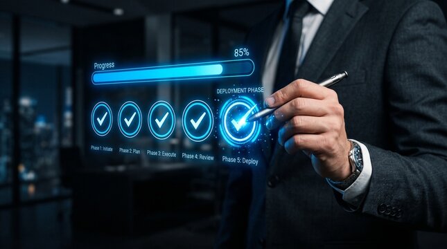 A professional businessman using a digital pen to select checkmarks on a futuristic holographic interface for quality control management success