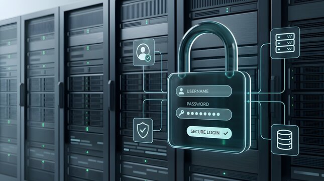 Cybersecurity concept with glowing padlock and server racks