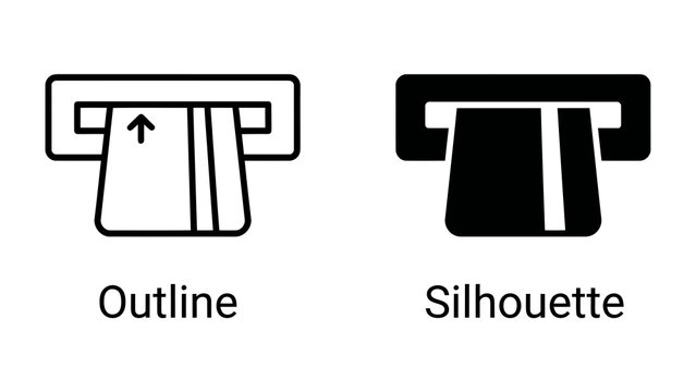 ATM Card Insertion: Two graphic icons depicting an ATM card being inserted into a slot, one in outline and the other as a silhouette, representing financial transactions and banking services.