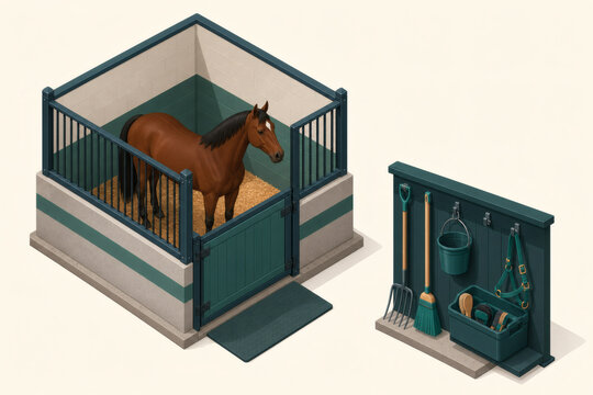 Dedicated quarantine tools beside an isolated horse stall