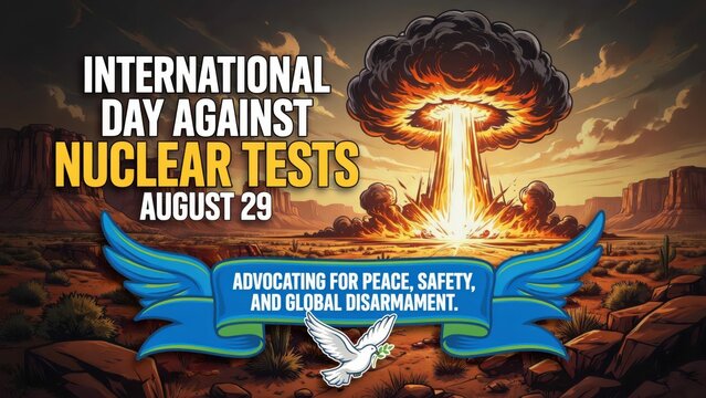 International Day Against Nuclear Tests August 29, nuclear explosion, mushroom cloud, dove of peace, advocacy for global disarmament
