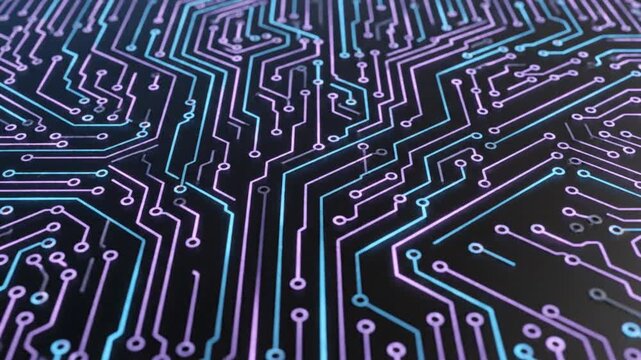 Abstract digital circuit board pattern with glowing blue and purple neon lines representing high-tech connectivity and motherboard architecture