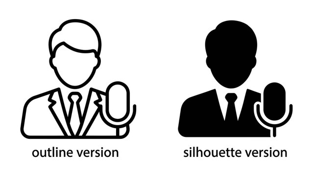 Voice Actor Icon: A professional figure is depicted in both an outline and silhouette style, holding a microphone, symbolizing voice-over work, public speaking, or broadcasting.