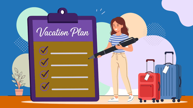 Woman planning travel writing on giant checklist clipboard vacation plan vector illustration with luggage