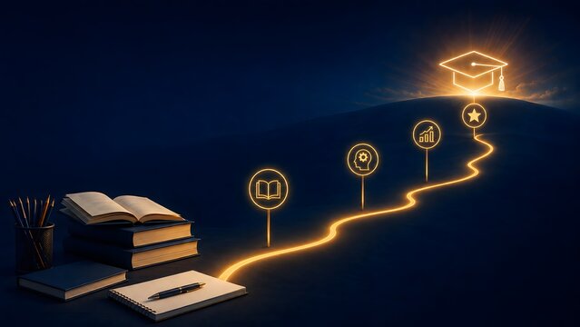Educational success journey path leading from study books to graduation cap symbolizing academic and career achievement