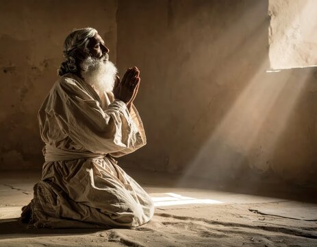 Elderly bearded man in humble robes kneeling in prayer under divine light rays in an ancient stone room with copy space for text.