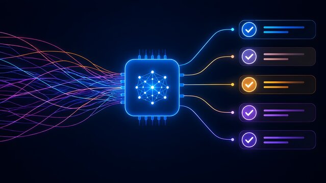 Artificial intelligence microchip filtering colorful fiber optic data streams into prioritized automated task management lists