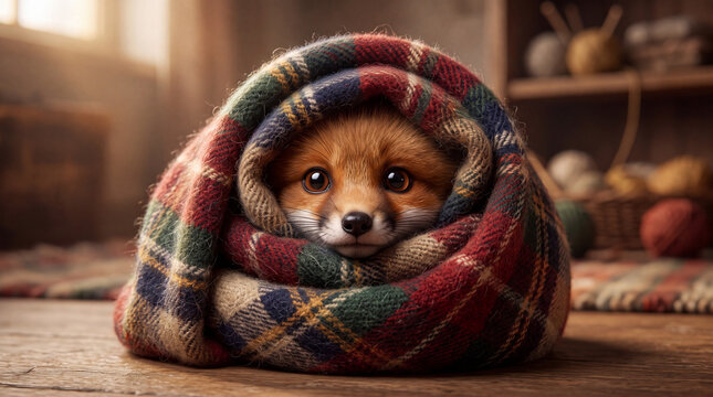 Cozy Foxy Embrace: A small fox is wrapped snugly in a warm, plaid blanket, its big, innocent eyes peeking out, creating a scene of ultimate comfort and warmth.