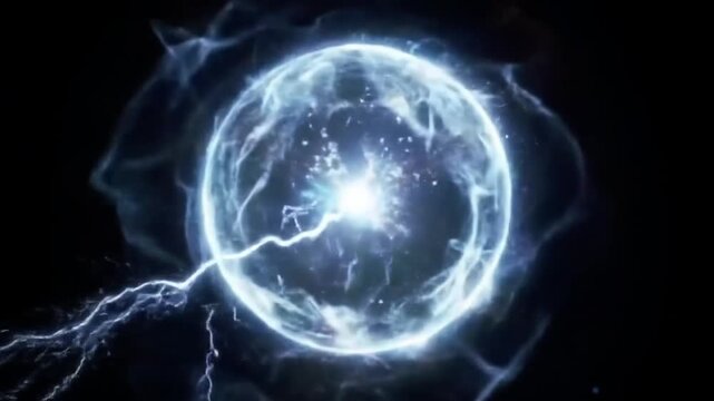 Glowing blue electrical energy sphere pulsing with sparks in darkness