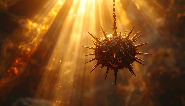 Cinematic medieval spiked flail hanging on chain in dark dungeon with golden god rays and copy space