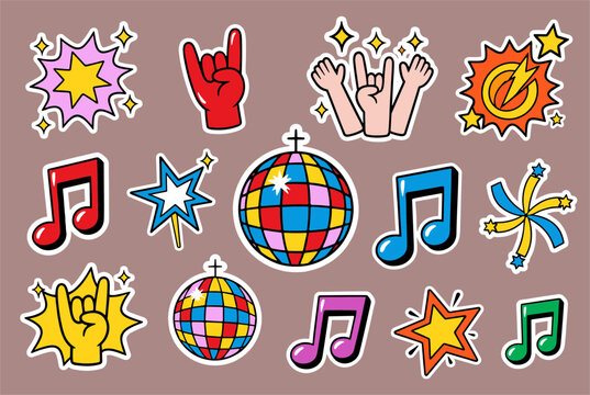 Colorful collection of party and disco themed stickers including disco balls, musical notes, stars, and rock hand gestures.