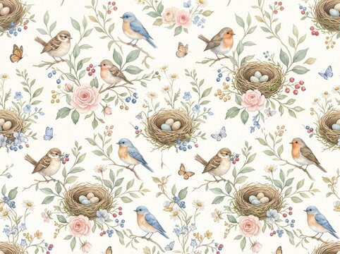 Seamless watercolor pattern with cute birds, nests, eggs, butterflies, pink roses, wildflowers and green leaves on soft cream background