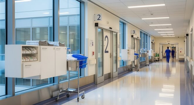 Modern hospital corridor with white walls, bright fluorescent lighting, and numbered patient rooms. Medical equipment visible, healthcare worker in blue scrubs walking. Contemporary facility design.