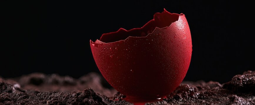 A cracked red eggshell rests on dark soil, symbolizing new beginnings and fragility.