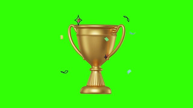 Golden Winner Trophy with Celebration Confetti Animation on Green Screen Background
