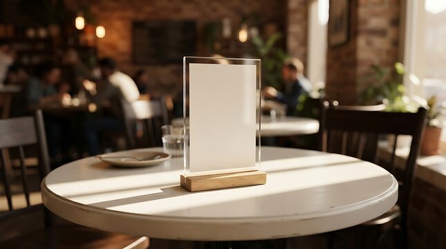 Blank menu card holder on a round wooden table in a cozy restaurant
