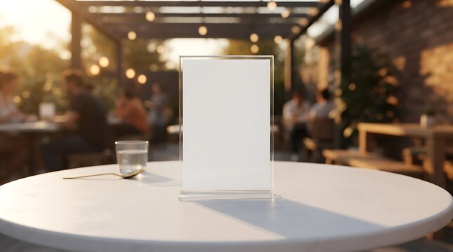 Blank vertical menu sign on a round table in a dark restaurant