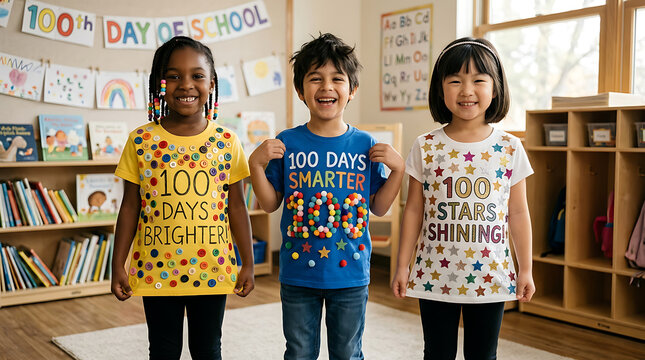 Three happy children standing together smiling at camera in classroom