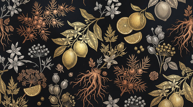 Hand drawn botanical gin ingredients pattern with citrus juniper and roots on black.