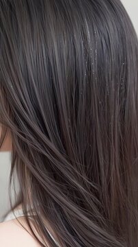 Young woman with long dark hair gazing at the camera against a blurred bokeh background. Vertical